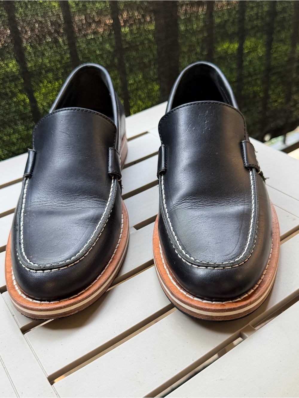 Men's Black Leather Slip-On Loafers with Tan Welt Size 9.5